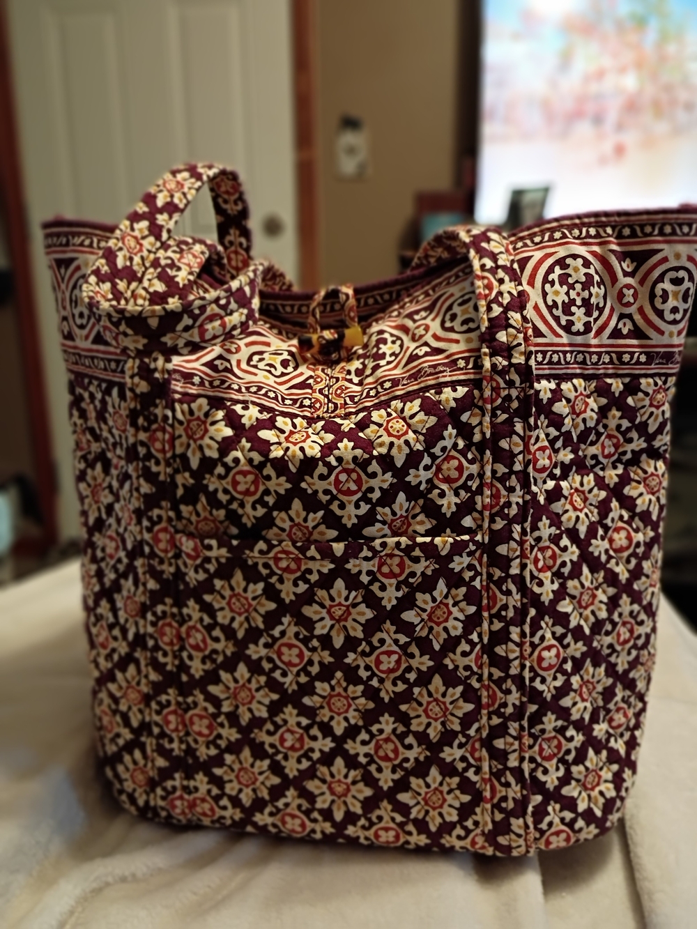 Vera Bradley Quilted Floral Tote in Burgundy and Cream